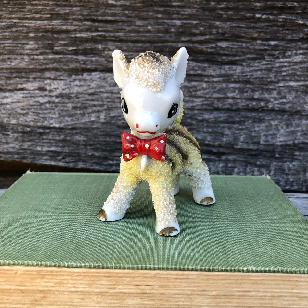 Vintage Lamb Figurine MCM 1950s 1960s sugar-textured Red polka dot bow tie Deer